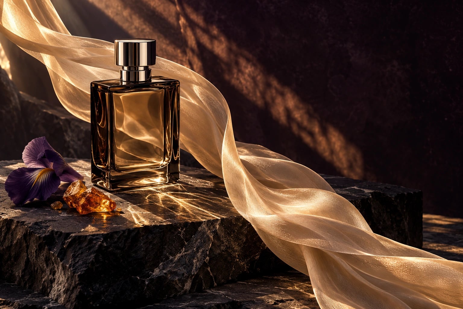 شیشه‌ی عطر دودی در میان پارچه‌ی ابریشمی طلایی و شکست نور گرم روی سنگ تیره
