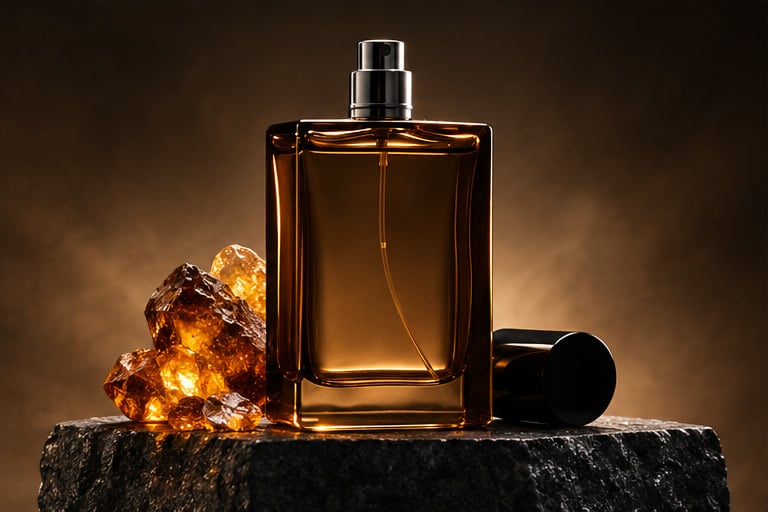 شیشه‌ی دودی عطر آیین عنبر با بازتاب گرم کهربایی