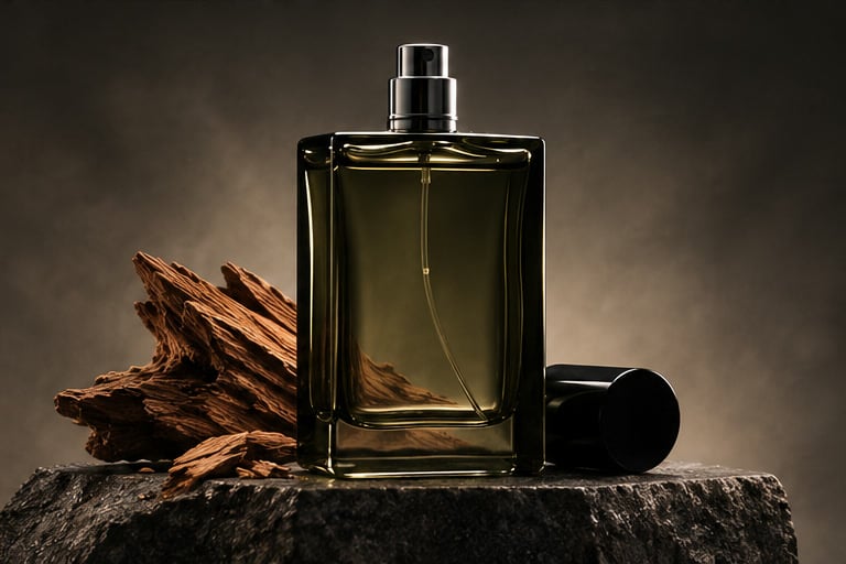 عطر سدر تاریک در کنار چوب سدر؛ ترکیب شیشه، چوب و نور گرم