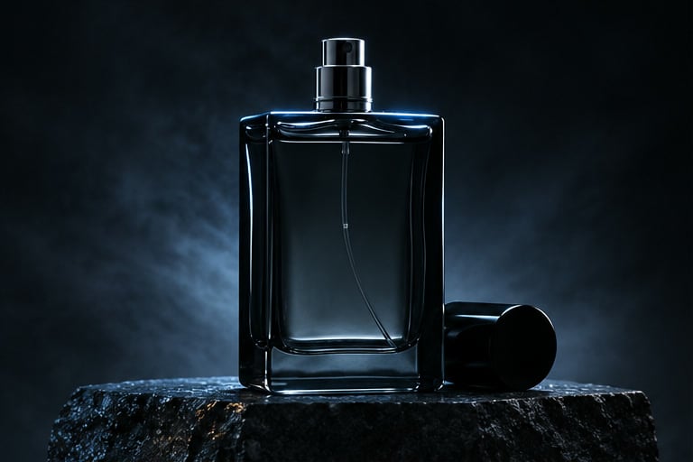 شیشه‌ی مکعبی و دودی عطر نیمه‌شب با درپوش فلزی، ایستاده روی سکوی سنگ سیاه در نور سرد